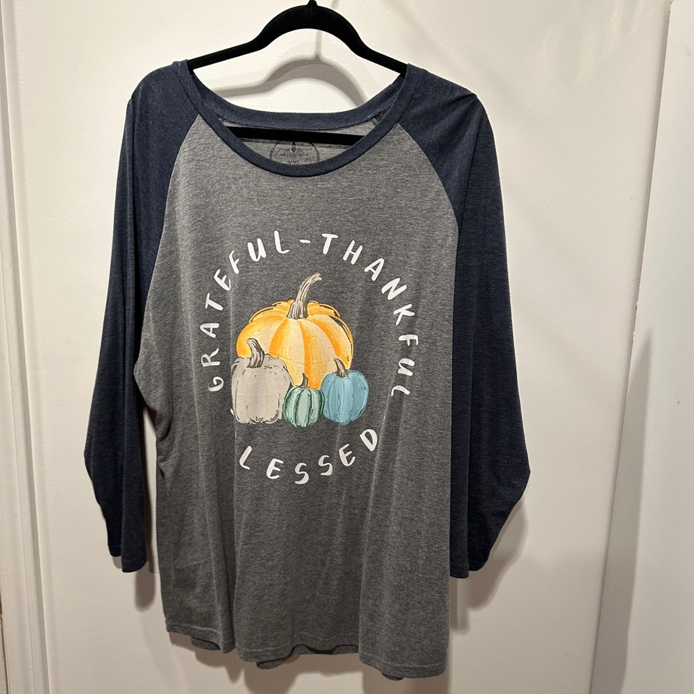 Fall Gray and Navy 3/4 length Sleeve Tee with Pumpkin Design XXL